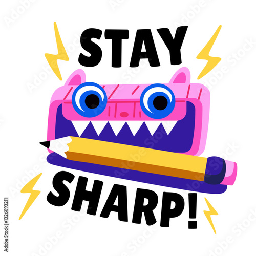 Flat sticker of a pencil sharpener with stay sharp typography 