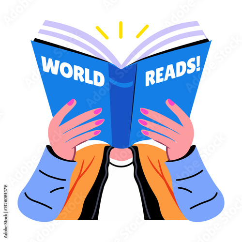 A flat sticker of a character reading a book written world reads 
