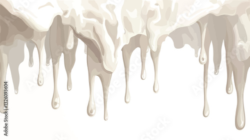 Close-up view of an abstract image depicting multiple streams of beige and off-white paint dripping downwards against a solid white background. The paint appears thick and viscous, with varying