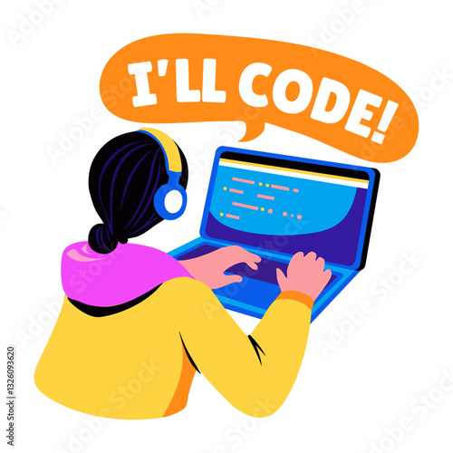 Flat style sticker of a coder working on a laptop 