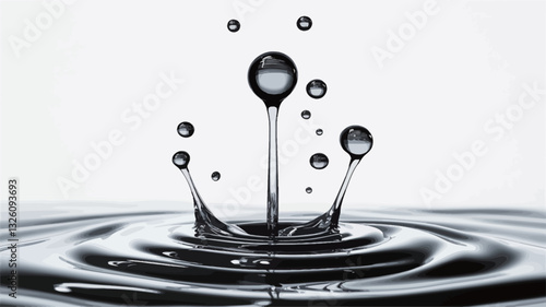 Close-up, high-resolution, monochrome image depicting the impact of a water droplet on a liquid surface. The image showcases a central droplet with smaller droplets and elongated splashes extending