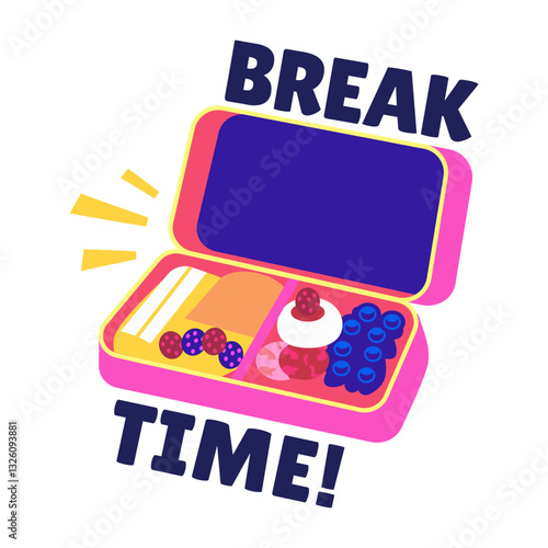Flat sticker of a lunch box with break time typography 