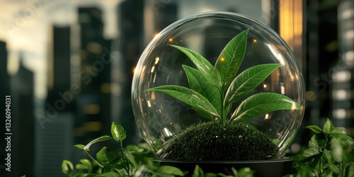 A small green plant inside a glass dome, set against a backdrop of modern city buildings, symbolizing nature within an urban environment.