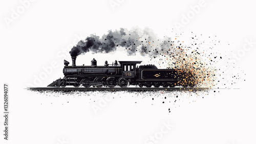 The image is a stylized illustration or digital painting of a steam locomotive. The locomotive is depicted in a dark silhouette against a white background.  A significant portion of the train