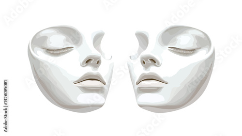 The image shows two identical white sculpted faces, positioned side-by-side.  The faces are in profile view, eyes closed, and appear to be made of a smooth, matte material.  The background is pure