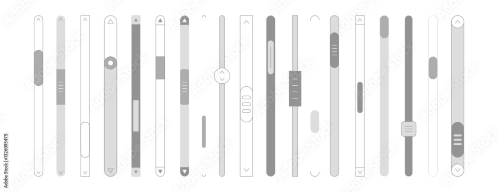 Vector set of scroll bars or vertical sliders. Web design elements for website or internet page. Scrollbars, menu graphic ui interface scrolls control, brightness controllers and volume slider icons Vector set of scroll bars or vertical sliders. Web design elements for website or internet page. Scrollbars, menu graphic ui interface scrolls control, brightness controllers and volume slider icons
