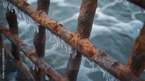 Close-up shot of a rusty metal railing or fence with ice formations clinging to the bars.  The background is blurred but shows churning water, suggesting a coastal or waterfront location. The image