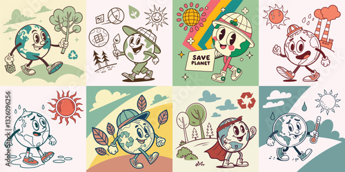 Retro Earth Ecology Set – Cartoon Sticker Mascot of Walking Earth Planet, Save the Planet, Global Warming Awareness in a Vintage Hippy Comic Style. Earth Day and Environmental Protection Vector Illust