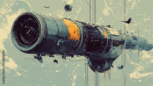 Digital painting or illustration depicting a long, cylindrical spacecraft in atmospheric flight. The spacecraft appears derelict and damaged, with visible wear and tear. Its color palette is muted,