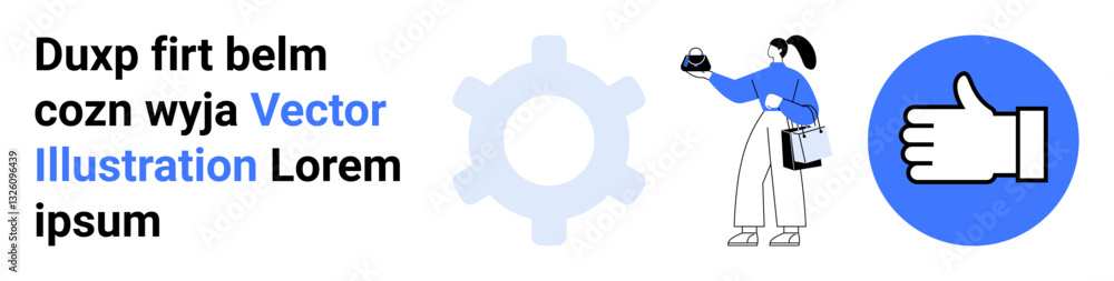 Woman celebrating success with trophy, gear icon for process, and thumbs up icon symbolizing approval. Ideal for teamwork, achievements, motivation, processes, success, productivity flat landing Woman celebrating success with trophy, gear icon for process, and thumbs up icon symbolizing approval. Ideal for teamwork, achievements, motivation, processes, success, productivity flat landing
