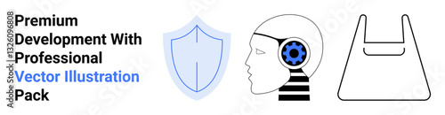 Shield representing security, AI-focused human profile with gears, and eco-friendly reusable bag outline. Ideal for technology, AI, innovation, sustainability, cybersecurity, environmental awareness