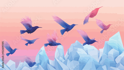 Digital illustration depicting a flock of stylized birds in shades of blue and purple flying over a landscape of light blue and white crystal formations.  The background is a soft gradient of pink