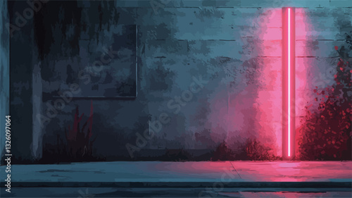 The image showcases a tall, vertical pink neon light positioned against a textured concrete wall. The wall exhibits a dark, mottled appearance with variations in shading and subtle surface