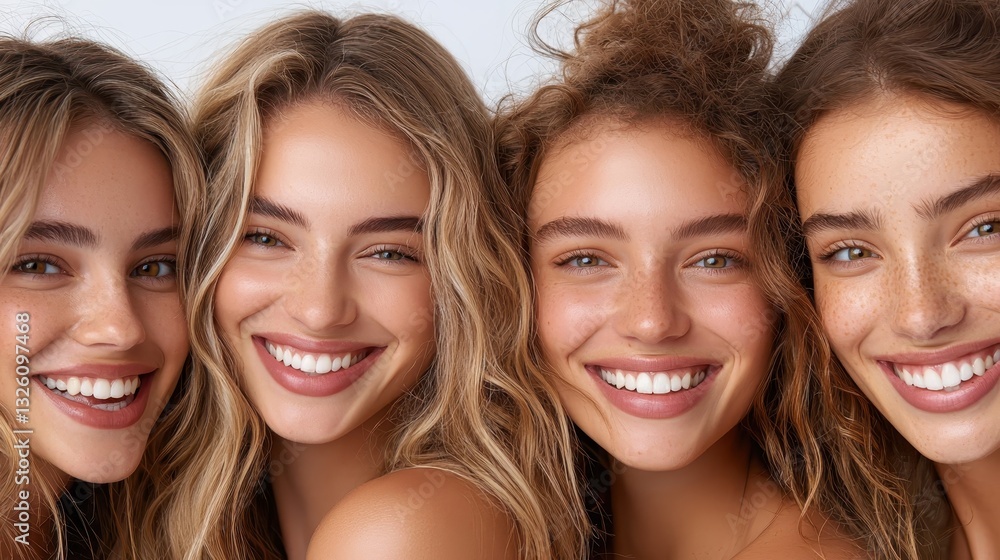 Four smiling women with long, wavy hair showcase a joyful, friendly atmosphere, highlighting beauty and connection. Four smiling women with long, wavy hair showcase a joyful, friendly atmosphere, highlighting beauty and connection.