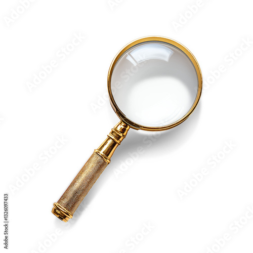 Magnifying Glass Isolated Golden Loupe Lens,  on a white and transparent background, PNG.