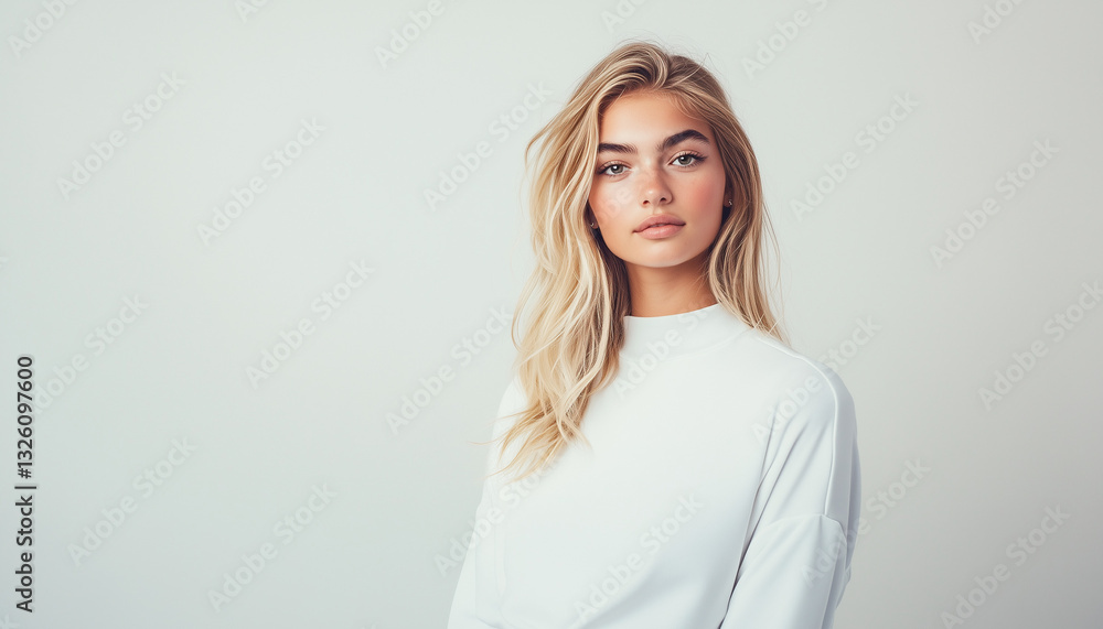 Young blonde girl in black and white clothes, blue background Young blonde girl in black and white clothes, blue background