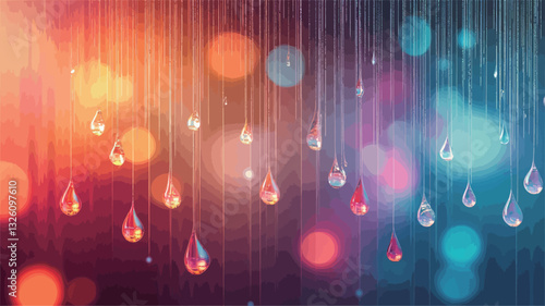 The image is an abstract composition featuring numerous water droplets suspended against a backdrop of blurred, multicolored lights. The lights create a bokeh effect, with varying sizes and