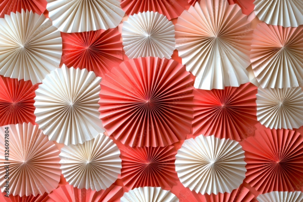 Collection of colorful pink and white paper fans Collection of colorful pink and white paper fans