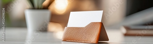 A blank business card is partially visible in a premium leather cardholder, bathed in soft, warm light, hinting at a professional workspace in the background photo