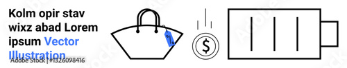 Shopping bag, falling coin, and nearly empty battery visualizing spending, saving, financial planning. Ideal for consumer behavior, budgeting, e-commerce, sustainability energy economics flat