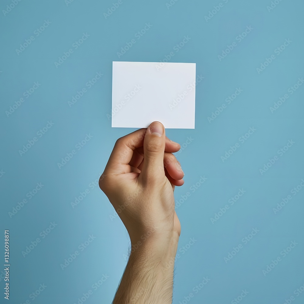 Strong Hand Holding Up Blank White Card in Blue Studio Background Strong Hand Holding Up Blank White Card in Blue Studio Background