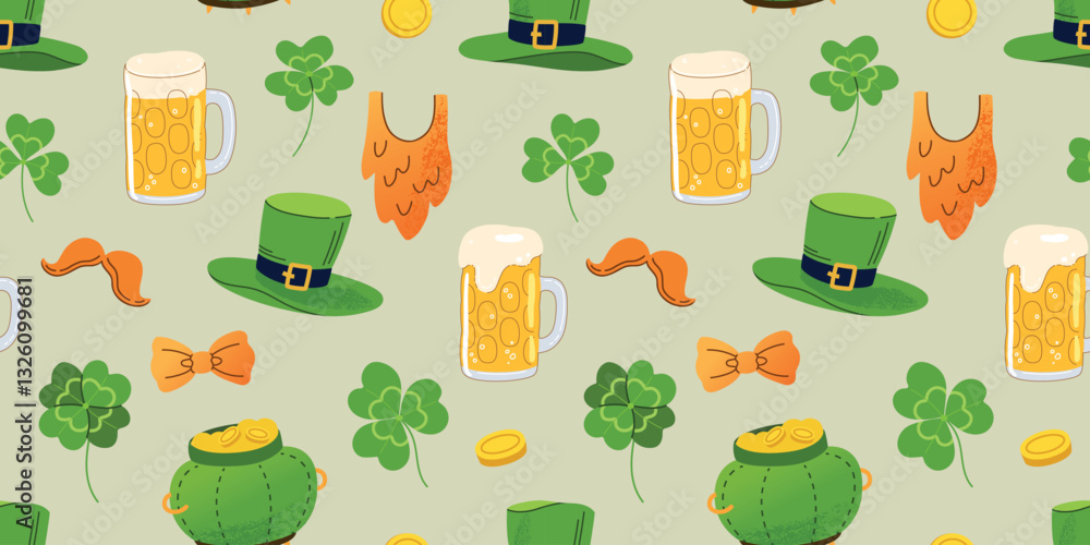 Trendy clover leaves, beer, coins, hats and beard seamless pattern hand drawn vector illustration. Irish holiday celtic St Patrick day seamless pattern for backgrounds, wallpapers and wrapping papers Trendy clover leaves, beer, coins, hats and beard seamless pattern hand drawn vector illustration. Irish holiday celtic St Patrick day seamless pattern for backgrounds, wallpapers and wrapping papers