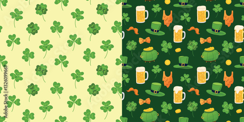 Trendy clover leaves, beer, coins, hats and beard seamless pattern hand drawn vector illustration. Irish holiday celtic St Patrick day seamless pattern for backgrounds, wallpapers and wrapping papers
