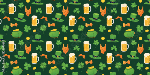 Trendy clover leaves, beer, coins, hats and beard seamless pattern hand drawn vector illustration. Irish holiday celtic St Patrick day seamless pattern for backgrounds, wallpapers and wrapping papers