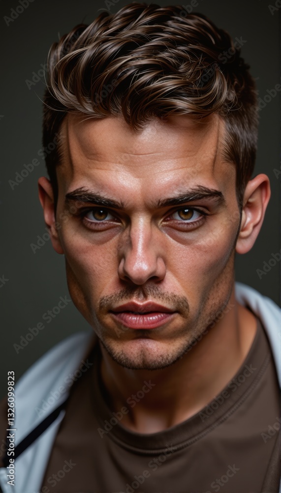 Intense gaze of a young man highlighting emotion and strength in close-up shot Intense gaze of a young man highlighting emotion and strength in close-up shot