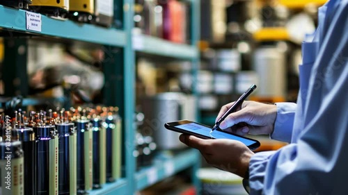 Wallpaper Mural analyzing large capacitors in electronics laboratory, taking notes on digital tablet Torontodigital.ca