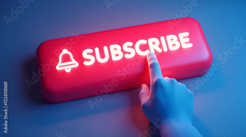 Bold red YouTube Subscribe button with bell icon and pointing hand, high-quality 3D rendering for digital engagement