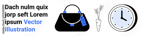 Handbag with blue tag, carrot with leaves, and clock with black frame and hands. Ideal for fashion, shopping, time management, healthy living, minimalism, modern design flat landing page banner