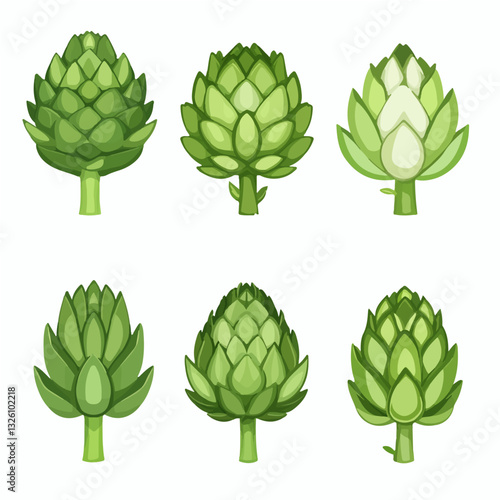 Simple flat 2D icon green and purple and cream artichoke set logo isolated on a white background, vector, flat design, animation design, simple flat 2D icon, minimalist design, clipart plant