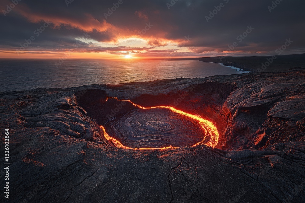 Fototapeta premium Dramatic sunset illuminates a breathtaking lava filled fissure along the coastline Generative AI