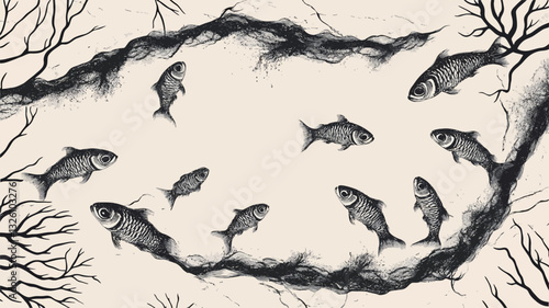 The image is a monochrome illustration depicting a school of stylized fish swimming within an abstract, irregularly shaped formation resembling a coral reef or rock. The fish are rendered in shades