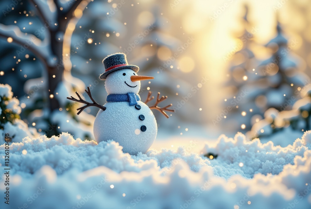 Obraz premium Snowman in Winter Landscape with Falling Snow