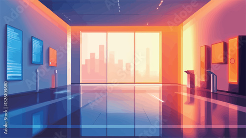 The image shows a digitally rendered interior of a modern art gallery. The space features sleek, minimalist design with clean lines and vibrant color schemes dominated by orange and blue neon