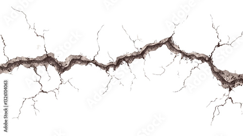 The image presents a detailed close-up of a cracked surface. The cracks are predominantly brown and are irregularly shaped, branching out in a meandering pattern against a white background. The