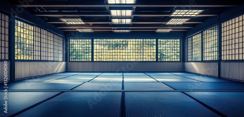 Martial arts dojo serene, mats in place, no practitioners.