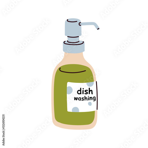 Dish washing detergent bottle. Eco-friendly cleansing liquid, dishwashing cleanser with pump dispenser for kitchen cleaning. Natural product. Flat vector illustration isolated on white background