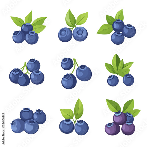 Very Simple flat 2D icon blueberry set collection with leaf isolated on a white background, vector, flat design, animation design, simple flat 2D icon, minimalist design, clipart