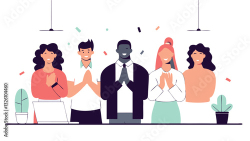 A group of employees in an office applauds in unison, welcoming a new colleague. Everyone is smiling, creating an atmosphere of unity and support.