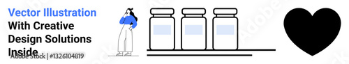 Person inspecting jars on shelf, accompanied by large black heart. Ideal for product evaluation, creativity, design, healthcare, love, consumer behavior, flat landing page banner