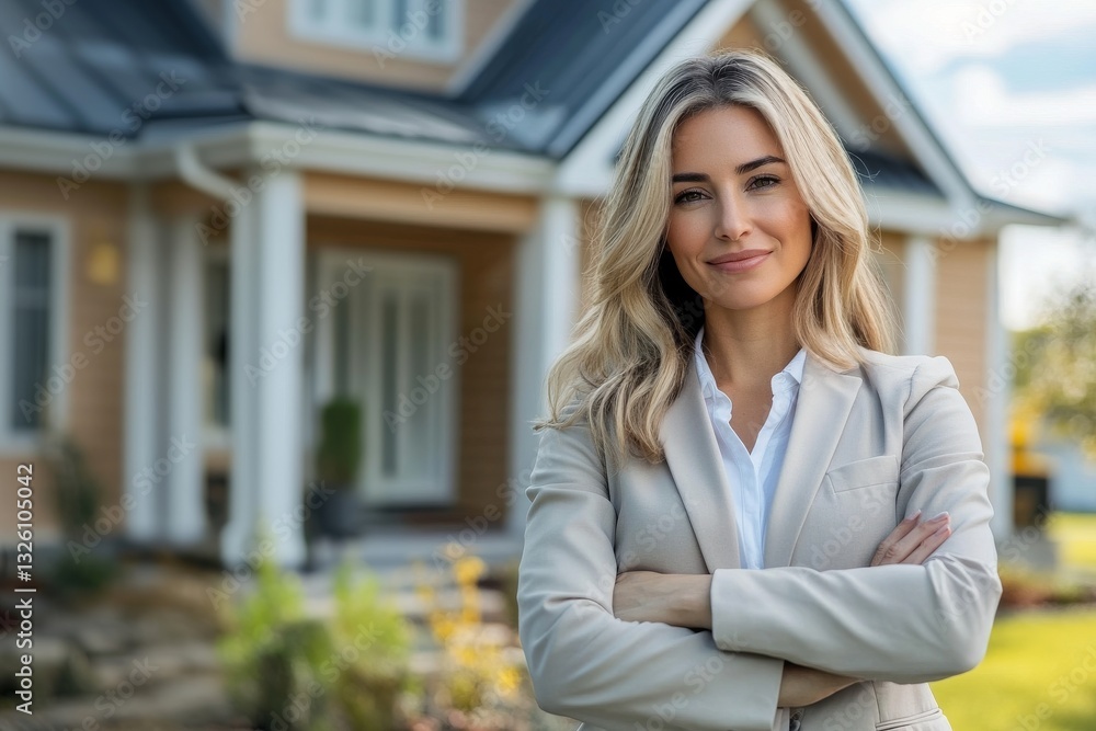 Young blond state agent woman standing with arms folded in front of a house Young blond state agent woman standing with arms folded in front of a house