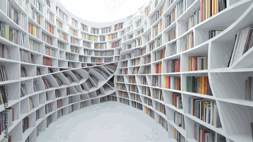The image shows a digitally rendered or photographed interior space featuring a large, curving, abstract bookshelf system.  The shelves are predominantly white and filled with numerous books of