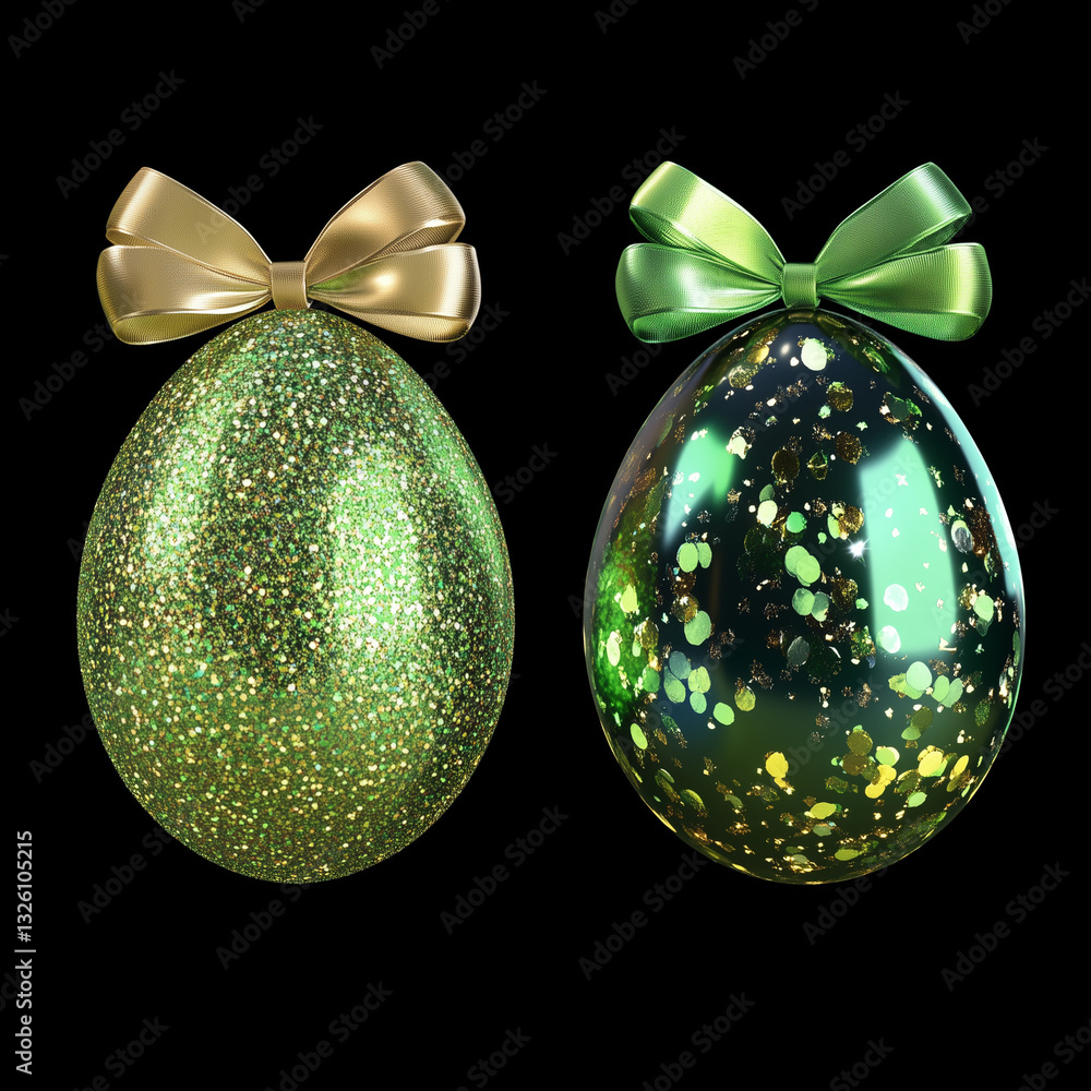 Set of 2 abstract animated easter eggs with twirling glitter and green colored particles