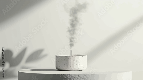 Close-up shot of a small, hexagonal, light gray concrete incense holder sitting on a white pedestal.  A thin incense stick is visible, with wisps of light gray smoke rising upwards.  The background