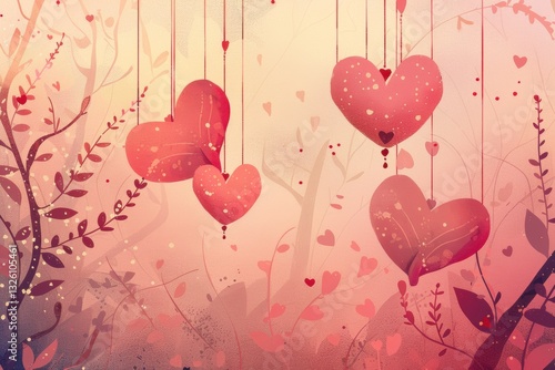 A painting of four hearts hanging from a tree