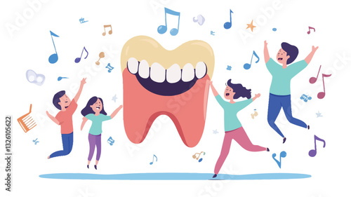 A vector illustration featuring a large, cartoonish tooth with a smiling face.  Four children, also stylized in a cartoonish manner, are joyfully jumping and celebrating around the tooth.  Musical