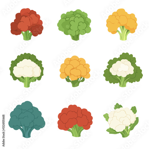 Very Simple flat 2D icon colorful cauliflower set collection isolated on a white background, vector, flat design, animation design, simple flat 2D icon, minimalist design, clipart